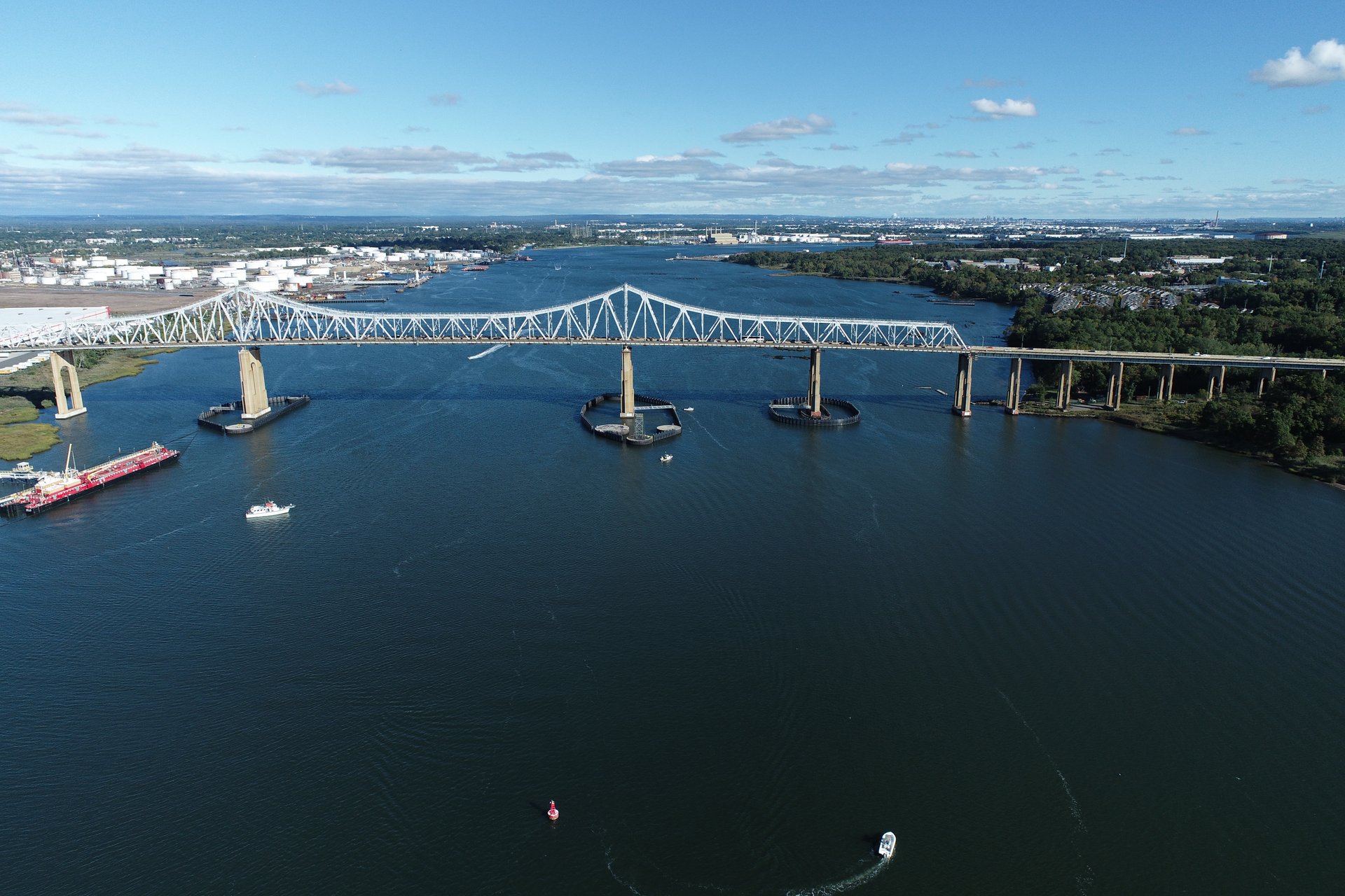 Drone aerial of full Outerbridge Crossing bridge span
